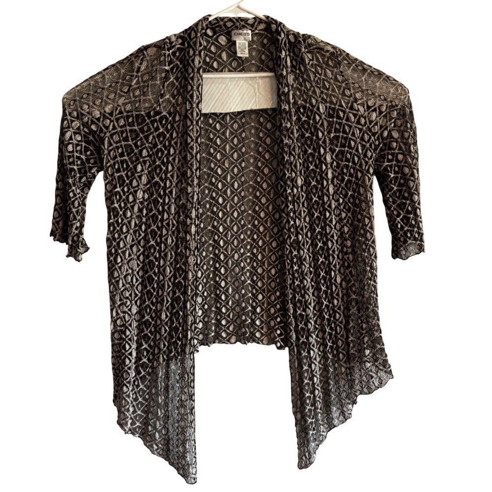 Chicos Open Front Sheer Lace Cardigan Size 2 Black Tan Geometric Waterfall Knit